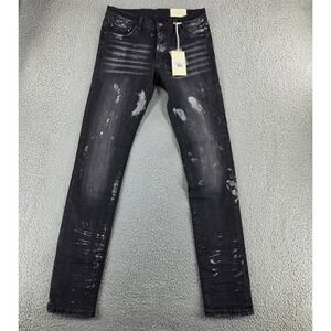 MNML X143 Jeans Mens 30 Black Silver Paint Splatter Skinny Stretch Denim Grunge